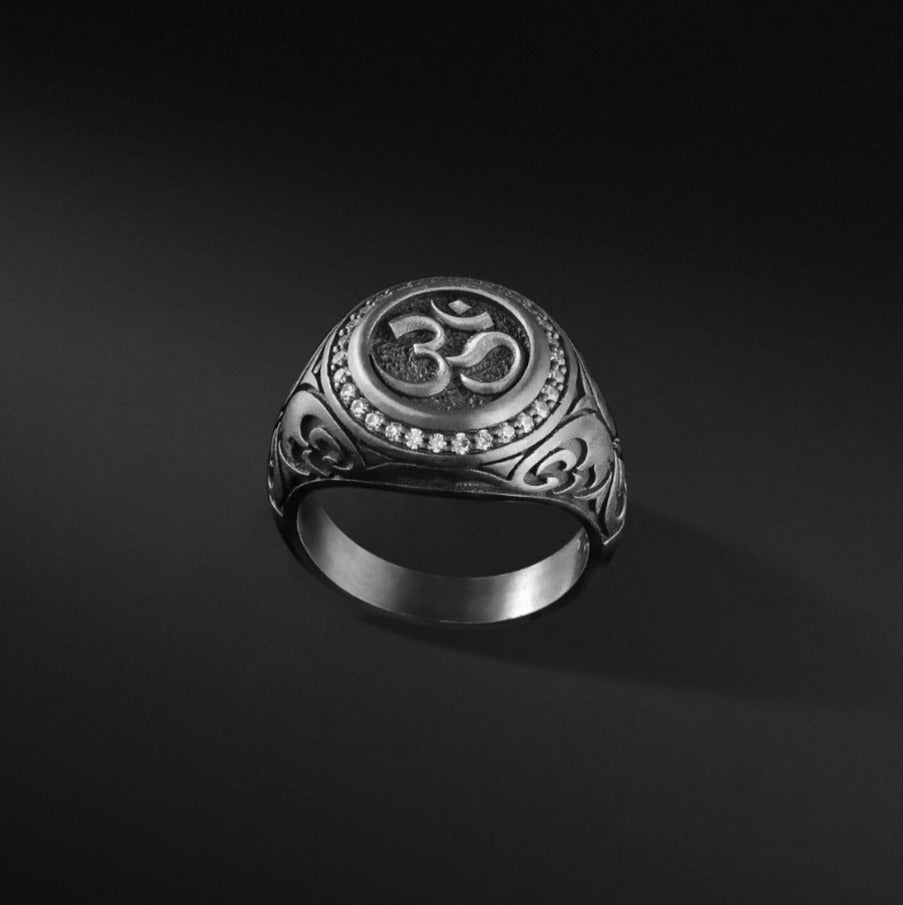 RARE PRINCE by CARAT SUTRA | Exclusive Turkish Style Om Symbol Signet Ring for Men, Oxidized Sterling Silver 925 Ring | Jewellery for Men| With Certificate of Authenticity and 925 Hallmark - caratsutra