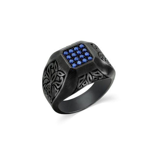 RARE PRINCE by CARAT SUTRA | Exclusive Signet Style Ring Studded with Blue Zircons for Men, Oxidized Sterling Silver 925 Ring | Jewellery for Men| With Certificate of Authenticity and 925 Hallmark - caratsutra
