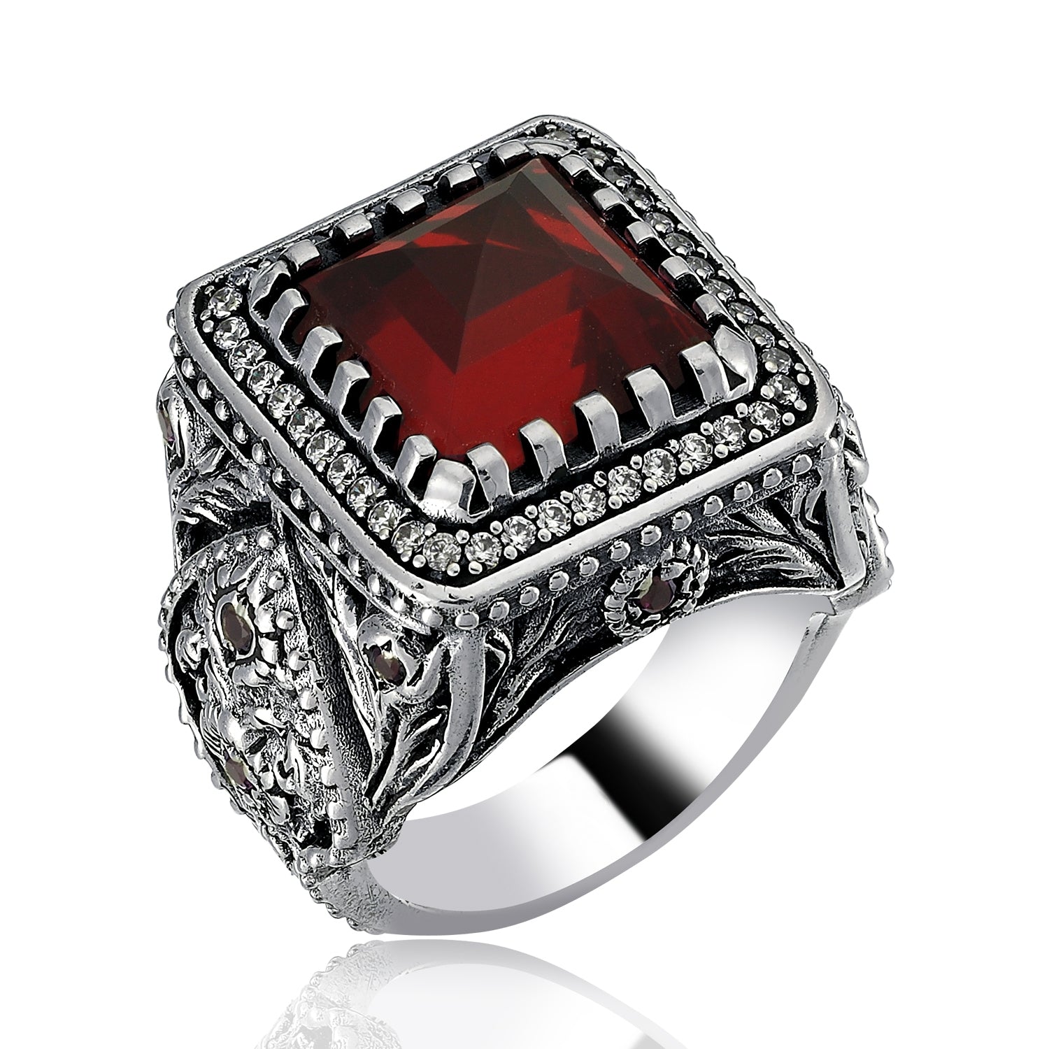 RARE PRINCE by CARAT SUTRA | Unique Handmade Turkish Style Ring Studded with AAA+ Red Zirconia | 925 Sterling Silver Oxidized Ring | Men's Jewelry | With Certificate of Authenticity and 925 Hallmark - caratsutra