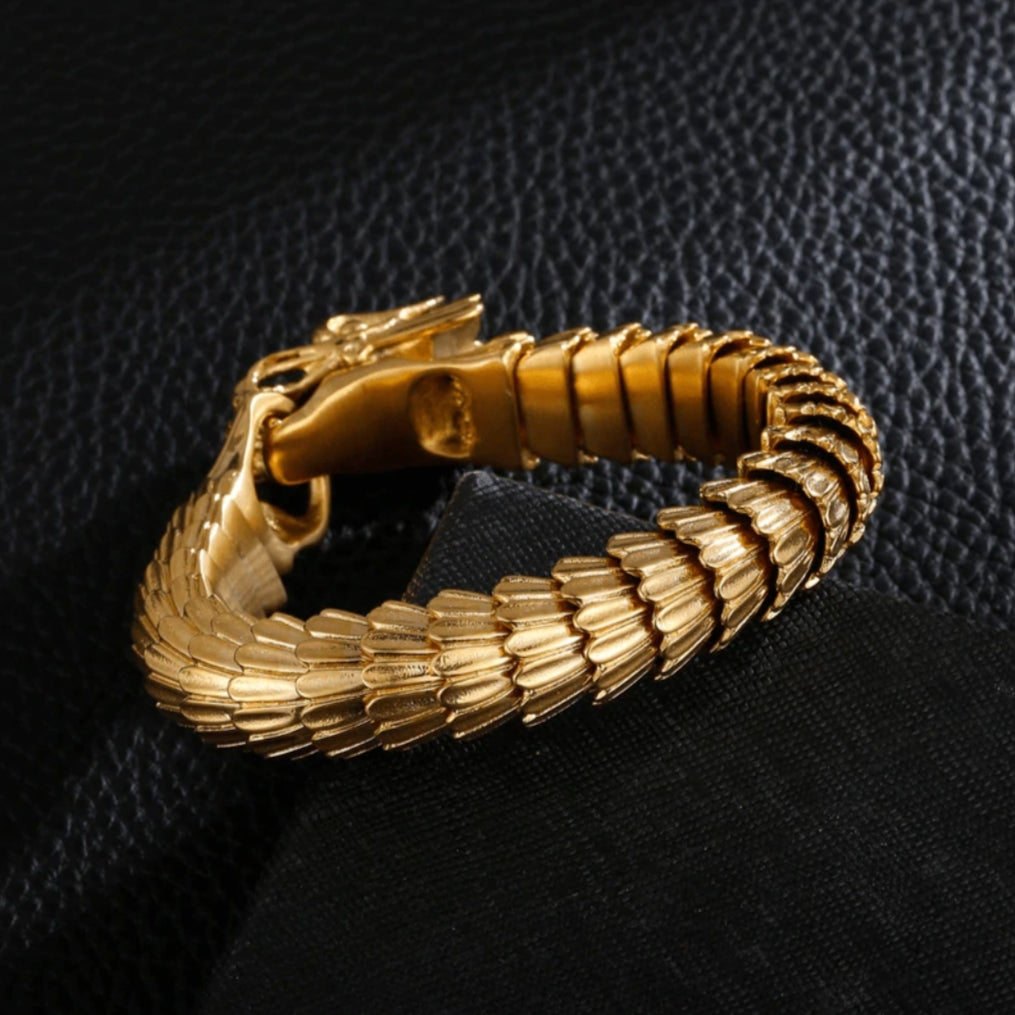 RARE PRINCE by CARAT SUTRA | Unique Vintage Gold Dragon Bracelet | 22kt Gold Micron Plated 925 Sterling Silver Bracelet | Unisex Jewelry | With Certificate of Authenticity and 925 Hallmark - caratsutra