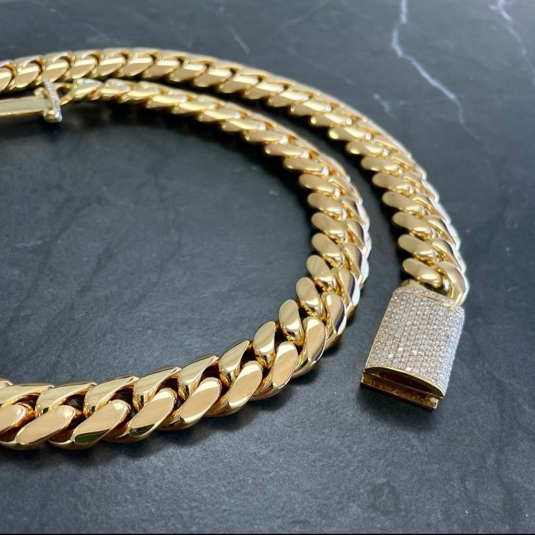 RARE PRINCE by CARAT SUTRA | Solid 14mm Miami Cuban Link Chain with Iced Lock | 22kt Gold Micron Plated on 925 Sterling Silver Chain with AAA+ Quality Swarovski Diamonds | Men's Jewelry | With Certificate of Authenticity and 925 Hallmark - caratsutra