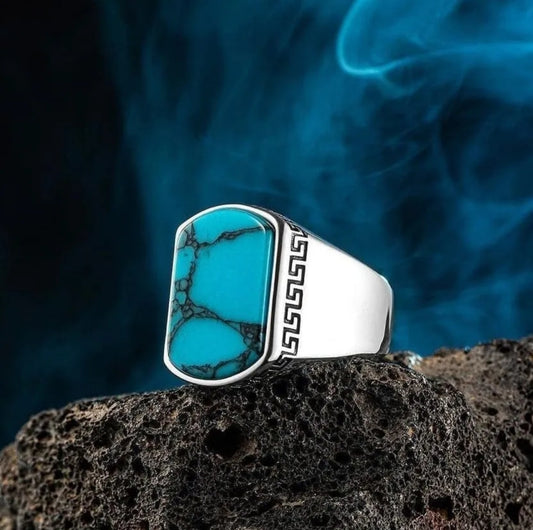 RARE PRINCE by CARAT SUTRA | Unique Turkish Style Ring with Natural Blue Turquoise | 925 Sterling Silver Oxidized Ring | Men's Jewelry | With Certificate of Authenticity and 925 Hallmark - caratsutra