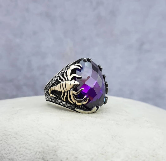 RARE PRINCE by CARAT SUTRA | Unique Turkish Style Scorpion Ring with Faceted Purple Amethyst | 925 Sterling Silver Oxidized Zodiac Ring | Men's Jewelry | With Certificate of Authenticity and 925 Hallmark - caratsutra