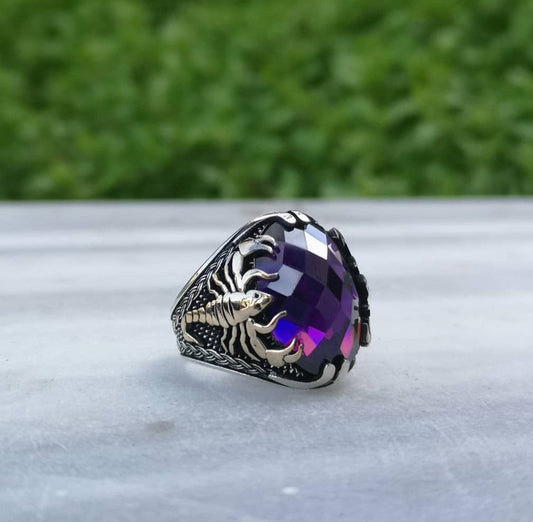 RARE PRINCE by CARAT SUTRA | Unique Turkish Style Scorpion Ring with Faceted Purple Amethyst | 925 Sterling Silver Oxidized Zodiac Ring | Men's Jewelry | With Certificate of Authenticity and 925 Hallmark - caratsutra
