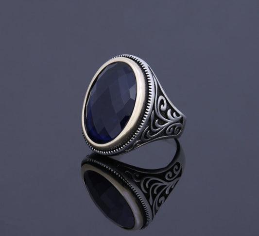 RARE PRINCE by CARAT SUTRA | Unique Turkish Style Ring with S Blue Sapphire, Oxidized Sterling Silver 925 Ring | Jewellery for Men| With Certificate of Authenticity and 925 Hallmark - caratsutra