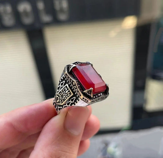 RARE PRINCE by CARAT SUTRA | Unique Handmade Turkish Style Ring Studded with AAA+ Synthetic Ruby |  Oxidized 925 Sterling Silver Ring | Men's Jewelry | With Certificate of Authenticity and 925 Hallmark - caratsutra