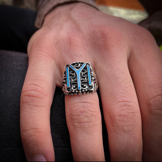 RARE PRINCE by CARAT SUTRA | Unique Designed Kayi Ring with Blue Enamel | 925 Sterling Silver Oxidized Ring | Men's Jewelry | With Certificate of Authenticity and 925 Hallmark - caratsutra