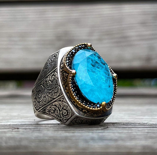 RARE PRINCE by CARAT SUTRA | Unique Designed Turkish Style Heavy Ring with Natural Blue Topaz | 925 Sterling Silver Oxidized Ring | Men's Jewelry | With Certificate of Authenticity and 925 Hallmark - caratsutra