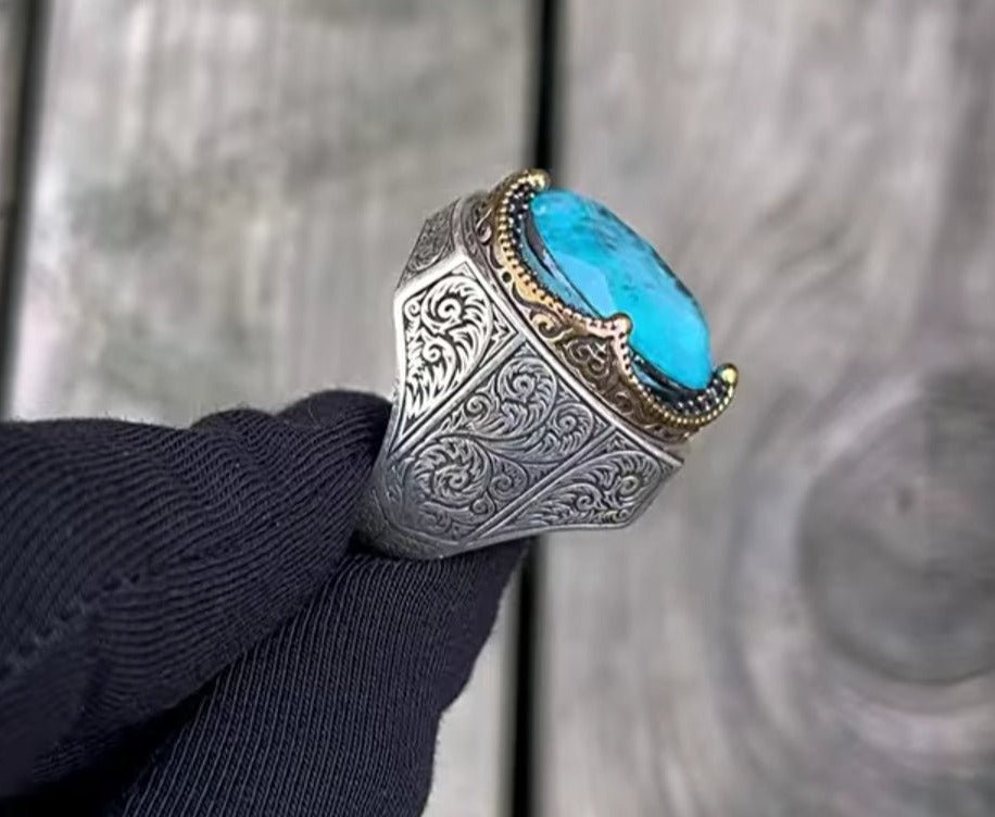 RARE PRINCE by CARAT SUTRA | Unique Designed Turkish Style Heavy Ring with Natural Blue Topaz | 925 Sterling Silver Oxidized Ring | Men's Jewelry | With Certificate of Authenticity and 925 Hallmark - caratsutra