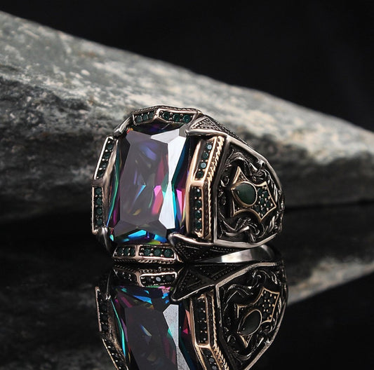 RARE PRINCE by CARAT SUTRA | Unique Designed Turkish Style Heavy Ring with Multicolored Alexandrite | 925 Sterling Silver Oxidized Ring | Men's Jewelry | With Certificate of Authenticity and 925 Hallmark - caratsutra