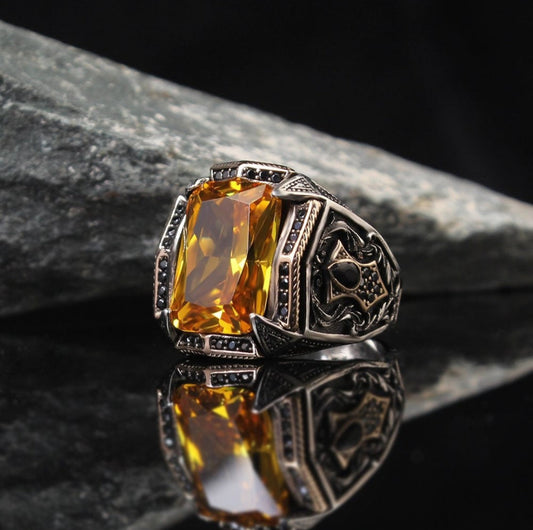 RARE PRINCE by CARAT SUTRA | Unique Designed Turkish Style Heavy Ring with S Yellow Sapphire | 925 Sterling Silver Oxidized Ring | Men's Jewelry | With Certificate of Authenticity and 925 Hallmark - caratsutra