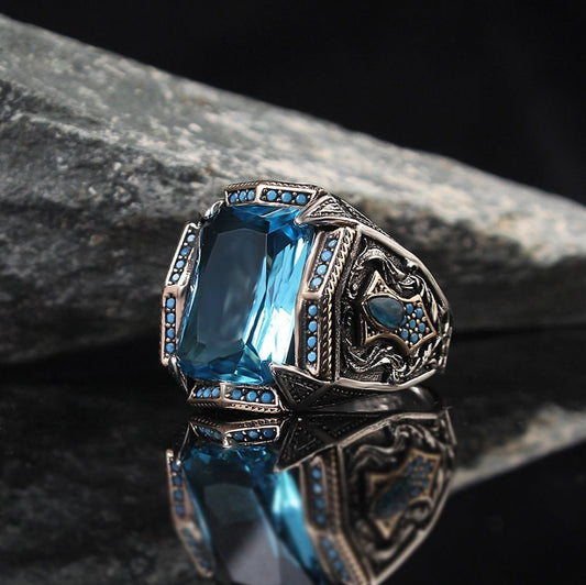 RARE PRINCE by CARAT SUTRA | Unique Designed Turkish Style Heavy Ring with Blue Topaz | 925 Sterling Silver Oxidized Ring | Men's Jewelry | With Certificate of Authenticity and 925 Hallmark - caratsutra