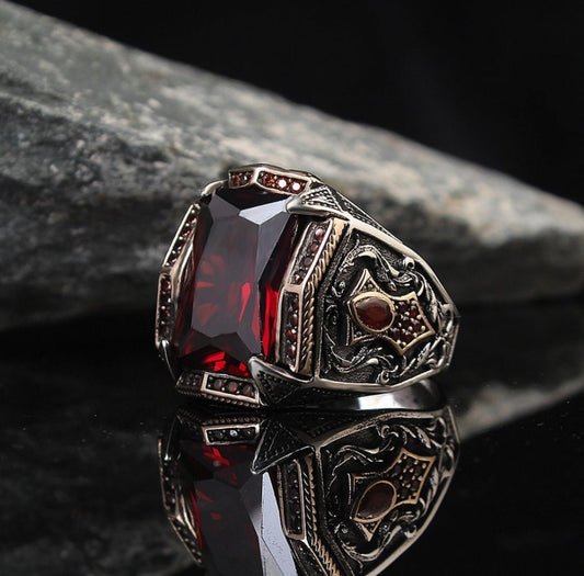 RARE PRINCE by CARAT SUTRA | Unique Designed Turkish Style Heavy Ring with S Ruby | 925 Sterling Silver Oxidized Ring | Men's Jewelry | With Certificate of Authenticity and 925 Hallmark - caratsutra