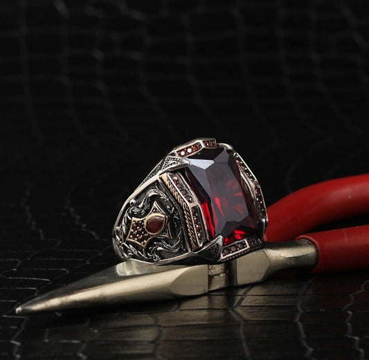 RARE PRINCE by CARAT SUTRA | Unique Designed Turkish Style Heavy Ring with S Ruby | 925 Sterling Silver Oxidized Ring | Men's Jewelry | With Certificate of Authenticity and 925 Hallmark - caratsutra