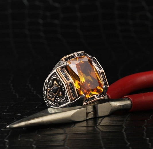 RARE PRINCE by CARAT SUTRA | Unique Designed Turkish Style Heavy Ring with S Yellow Sapphire | 925 Sterling Silver Oxidized Ring | Men's Jewelry | With Certificate of Authenticity and 925 Hallmark - caratsutra