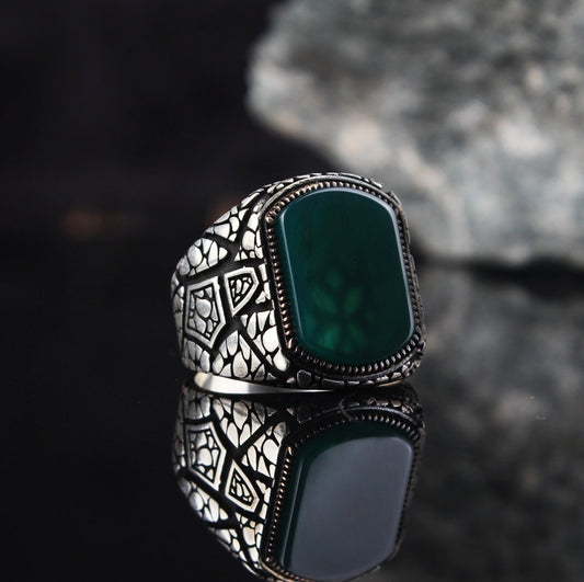 RARE PRINCE by CARAT SUTRA | Unique Designed Turkish Style Ring with Natural Green Onyx | 925 Sterling Silver Oxidized Ring | Men's Jewelry | With Certificate of Authenticity and 925 Hallmark - caratsutra