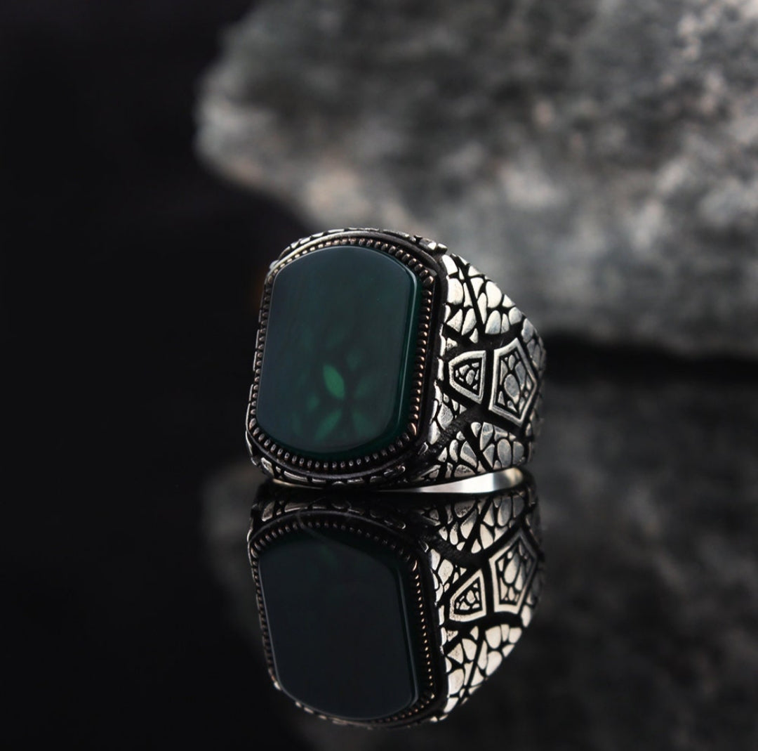 RARE PRINCE by CARAT SUTRA | Unique Designed Turkish Style Ring with Natural Green Onyx | 925 Sterling Silver Oxidized Ring | Men's Jewelry | With Certificate of Authenticity and 925 Hallmark - caratsutra