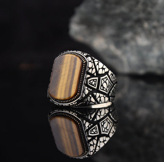 RARE PRINCE by CARAT SUTRA | Unique Designed Turkish Style Ring with Natural Tiger Eye | 925 Sterling Silver Oxidized Ring | Men's Jewelry | With Certificate of Authenticity and 925 Hallmark - caratsutra