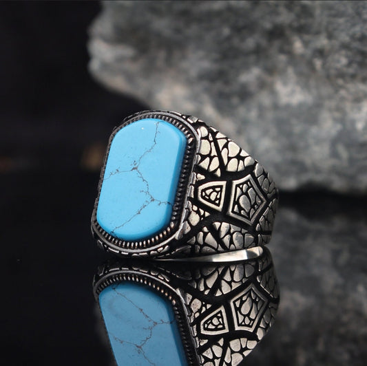 RARE PRINCE by CARAT SUTRA | Unique Designed Turkish Style Ring with Natural Blue Turquoise | 925 Sterling Silver Oxidized Ring | Men's Jewelry | With Certificate of Authenticity and 925 Hallmark - caratsutra