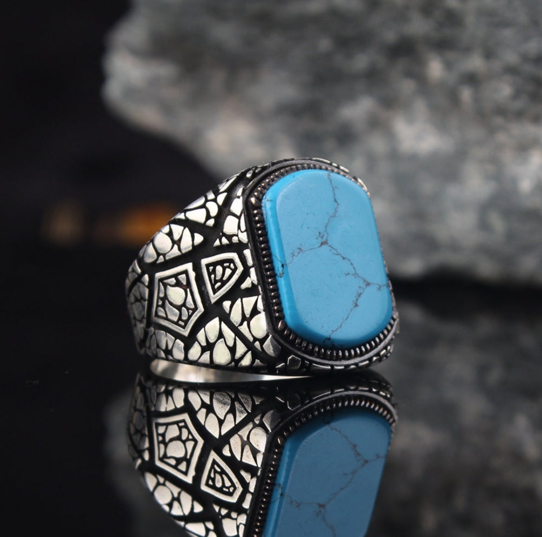 RARE PRINCE by CARAT SUTRA | Unique Designed Turkish Style Ring with Natural Blue Turquoise | 925 Sterling Silver Oxidized Ring | Men's Jewelry | With Certificate of Authenticity and 925 Hallmark - caratsutra