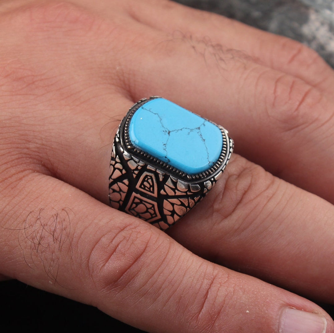 RARE PRINCE by CARAT SUTRA | Unique Designed Turkish Style Ring with Natural Blue Turquoise | 925 Sterling Silver Oxidized Ring | Men's Jewelry | With Certificate of Authenticity and 925 Hallmark - caratsutra