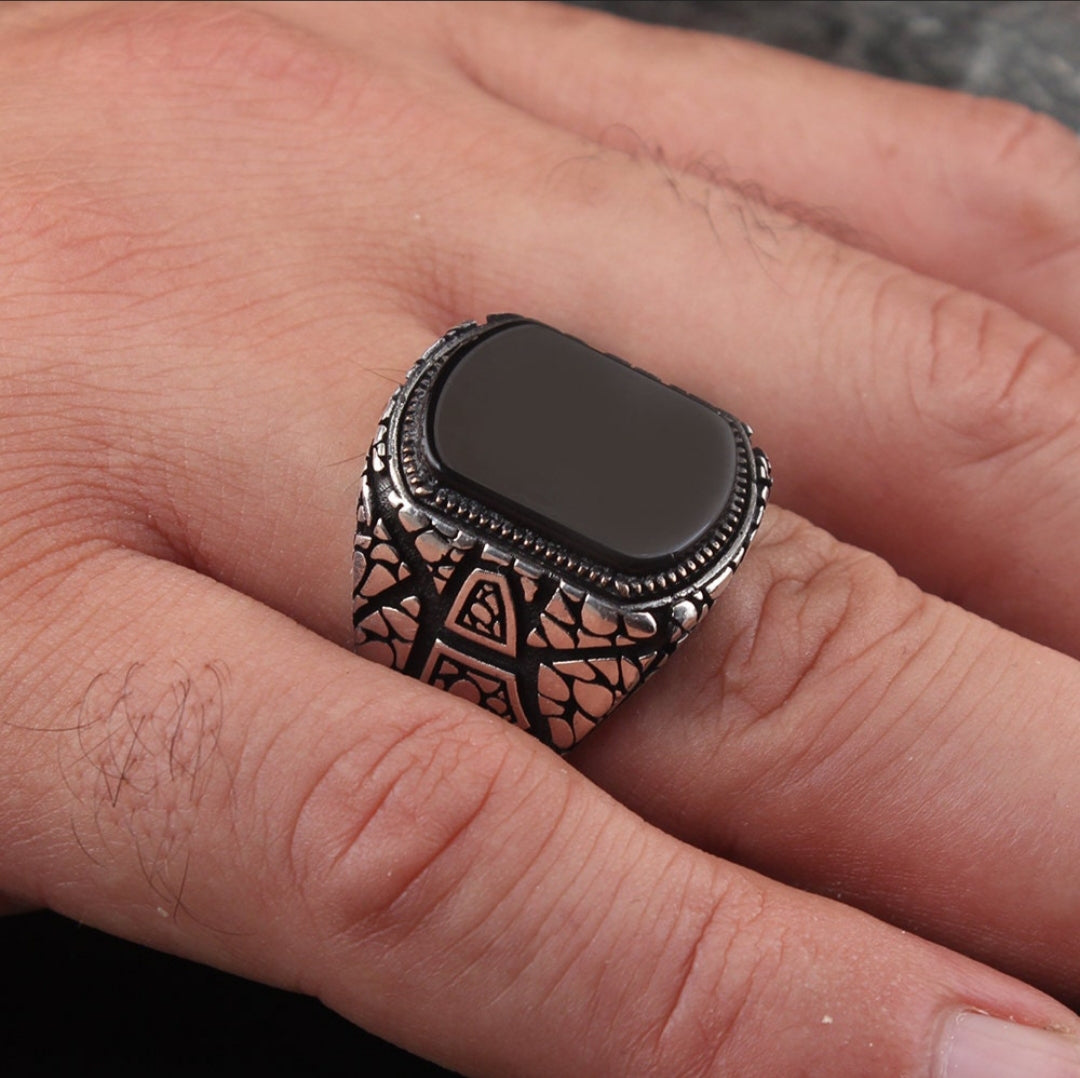 RARE PRINCE by CARAT SUTRA | Unique Designed Turkish Style Ring with Natural Black Onyx | 925 Sterling Silver Oxidized Ring | Men's Jewelry | With Certificate of Authenticity and 925 Hallmark - caratsutra