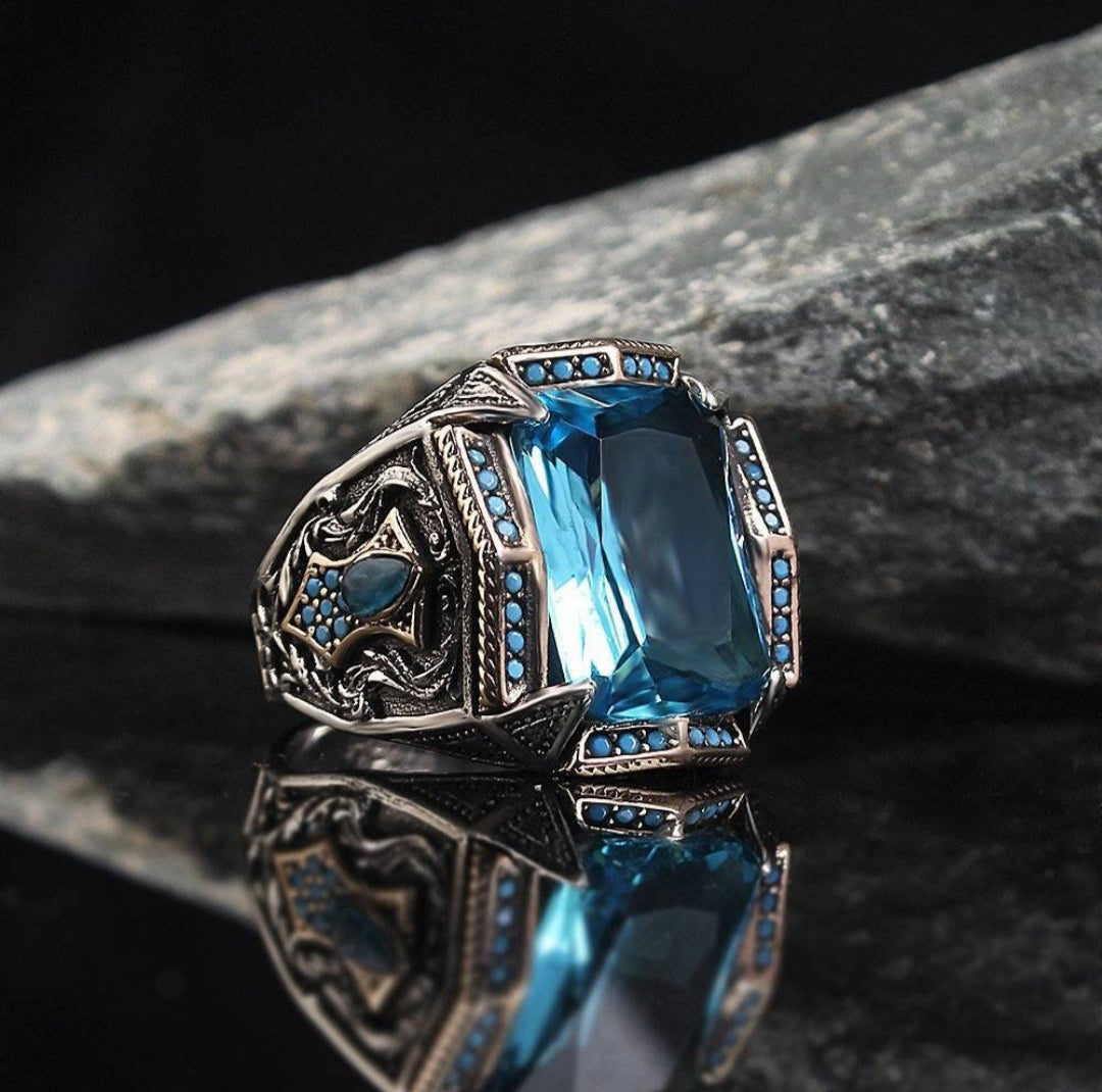 RARE PRINCE by CARAT SUTRA | Unique Designed Turkish Style Heavy Ring with Blue Topaz | 925 Sterling Silver Oxidized Ring | Men's Jewelry | With Certificate of Authenticity and 925 Hallmark - caratsutra