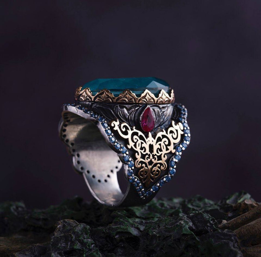 RARE PRINCE by CARAT SUTRA | Unique Designed Turkish Style Heavy Ring with Blue Topaz | 22kt Gold Micron & Black Rhodium Plated 925 Sterling Silver Ring | Men's Jewelry | With Certificate of Authenticity and 925 Hallmark - caratsutra