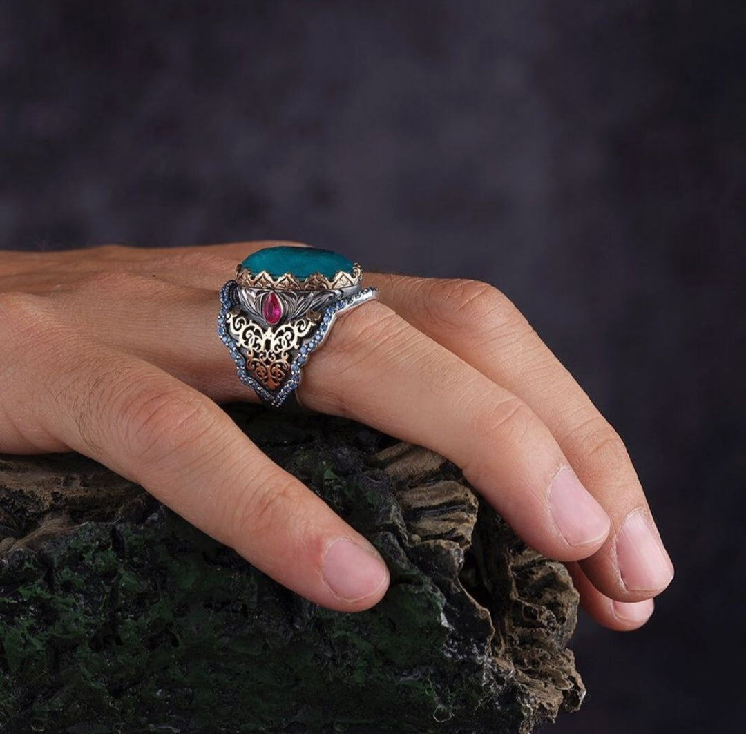 RARE PRINCE by CARAT SUTRA | Unique Designed Turkish Style Heavy Ring with Blue Topaz | 22kt Gold Micron & Black Rhodium Plated 925 Sterling Silver Ring | Men's Jewelry | With Certificate of Authenticity and 925 Hallmark - caratsutra
