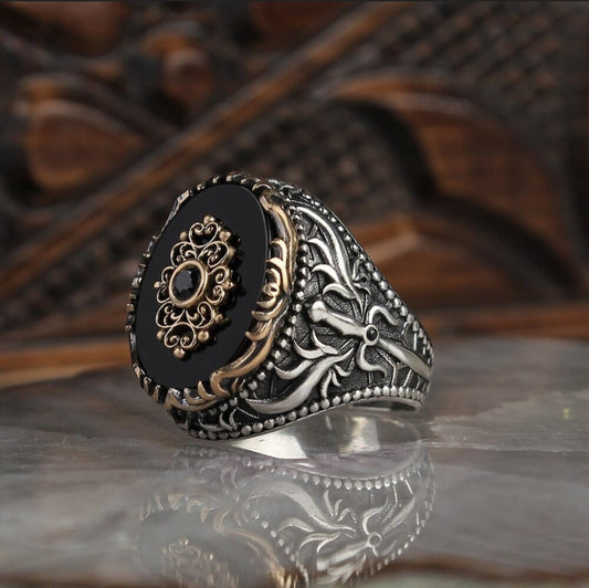 RARE PRINCE by CARAT SUTRA | Unique Designed Turkish Style Ring with Natural Black Onyx | 925 Sterling Silver Oxidized Ring | Men's Jewelry | With Certificate of Authenticity and 925 Hallmark - caratsutra