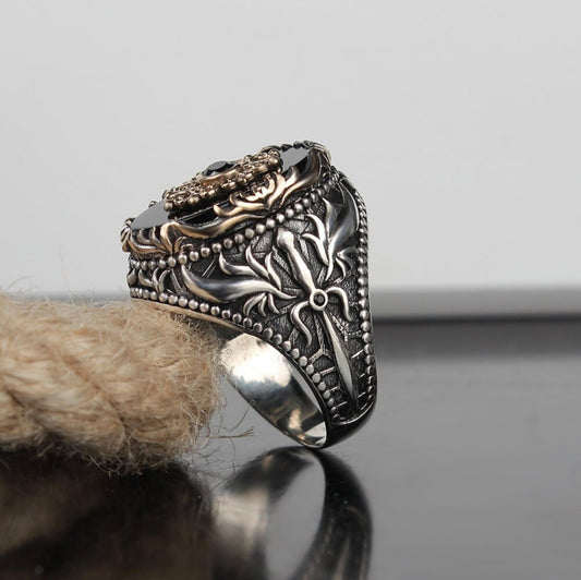 RARE PRINCE by CARAT SUTRA | Unique Designed Turkish Style Ring with Natural Black Onyx | 925 Sterling Silver Oxidized Ring | Men's Jewelry | With Certificate of Authenticity and 925 Hallmark - caratsutra