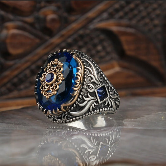 RARE PRINCE by CARAT SUTRA | Unique Designed Turkish Style Ring with CZ Sapphire | 925 Sterling Silver Oxidized Ring | Men's Jewelry | With Certificate of Authenticity and 925 Hallmark - caratsutra