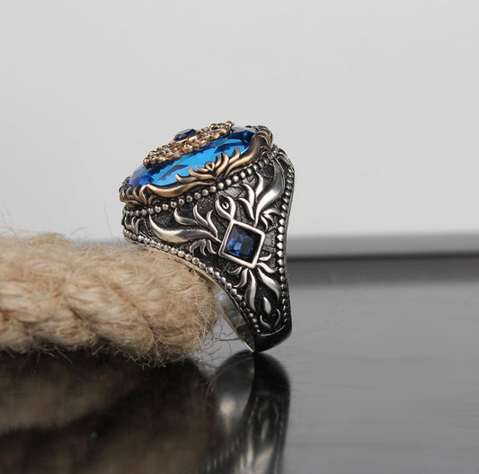 RARE PRINCE by CARAT SUTRA | Unique Designed Turkish Style Ring with CZ Sapphire | 925 Sterling Silver Oxidized Ring | Men's Jewelry | With Certificate of Authenticity and 925 Hallmark - caratsutra