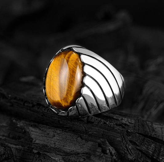 RARE PRINCE by CARAT SUTRA | Unique Designed Turkish Style Ring with Natural Tiger Eye | 925 Sterling Silver Oxidized Ring | Men's Jewelry | With Certificate of Authenticity and 925 Hallmark - caratsutra
