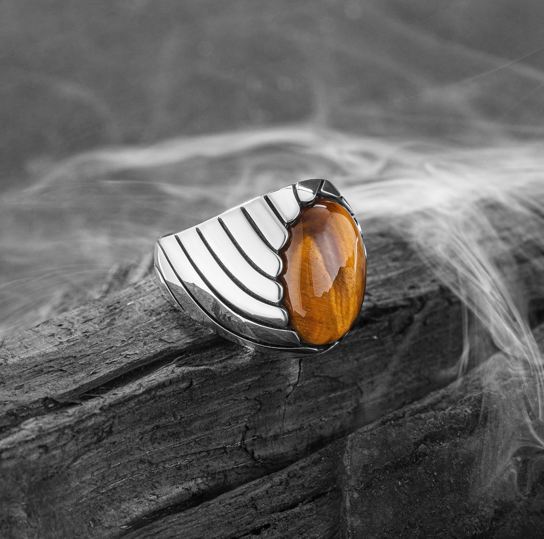 RARE PRINCE by CARAT SUTRA | Unique Designed Turkish Style Ring with Natural Tiger Eye | 925 Sterling Silver Oxidized Ring | Men's Jewelry | With Certificate of Authenticity and 925 Hallmark - caratsutra