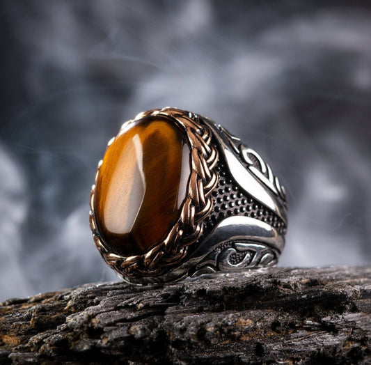 RARE PRINCE by CARAT SUTRA | Unique Designed Turkish Style Ring with Natural Tiger Eye | 925 Sterling Silver Oxidized Ring | Men's Jewelry | With Certificate of Authenticity and 925 Hallmark - caratsutra