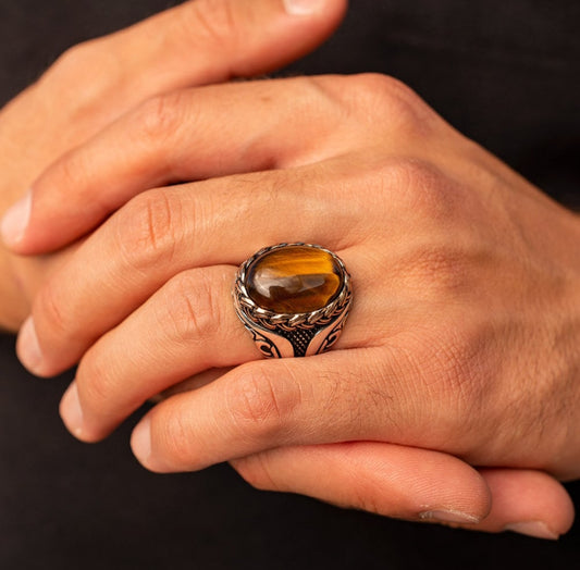 RARE PRINCE by CARAT SUTRA | Unique Designed Turkish Style Ring with Natural Tiger Eye | 925 Sterling Silver Oxidized Ring | Men's Jewelry | With Certificate of Authenticity and 925 Hallmark - caratsutra