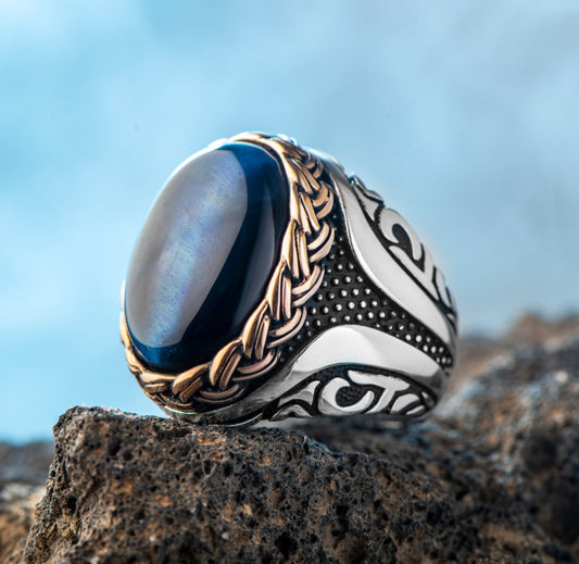 RARE PRINCE by CARAT SUTRA | Unique Designed Turkish Style Ring with S Sapphire | 925 Sterling Silver Oxidized Ring | Men's Jewelry | With Certificate of Authenticity and 925 Hallmark - caratsutra