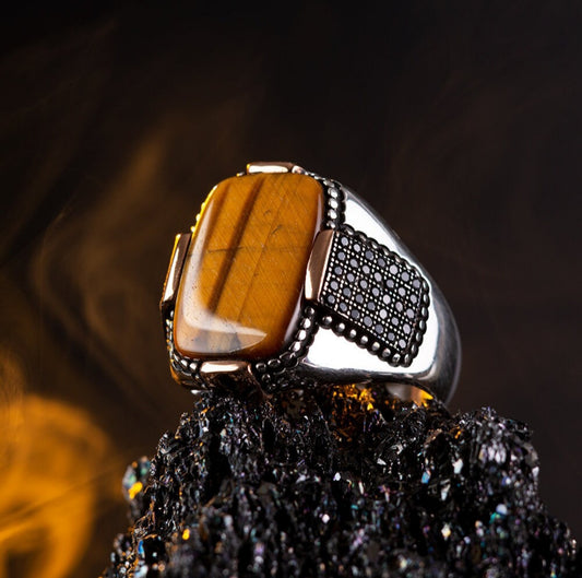 RARE PRINCE by CARAT SUTRA | Unique Designed Turkish Style Ring with Natural Tiger Eye  | 925 Sterling Silver Oxidized Ring | Men's Jewelry | With Certificate of Authenticity and 925 Hallmark - caratsutra