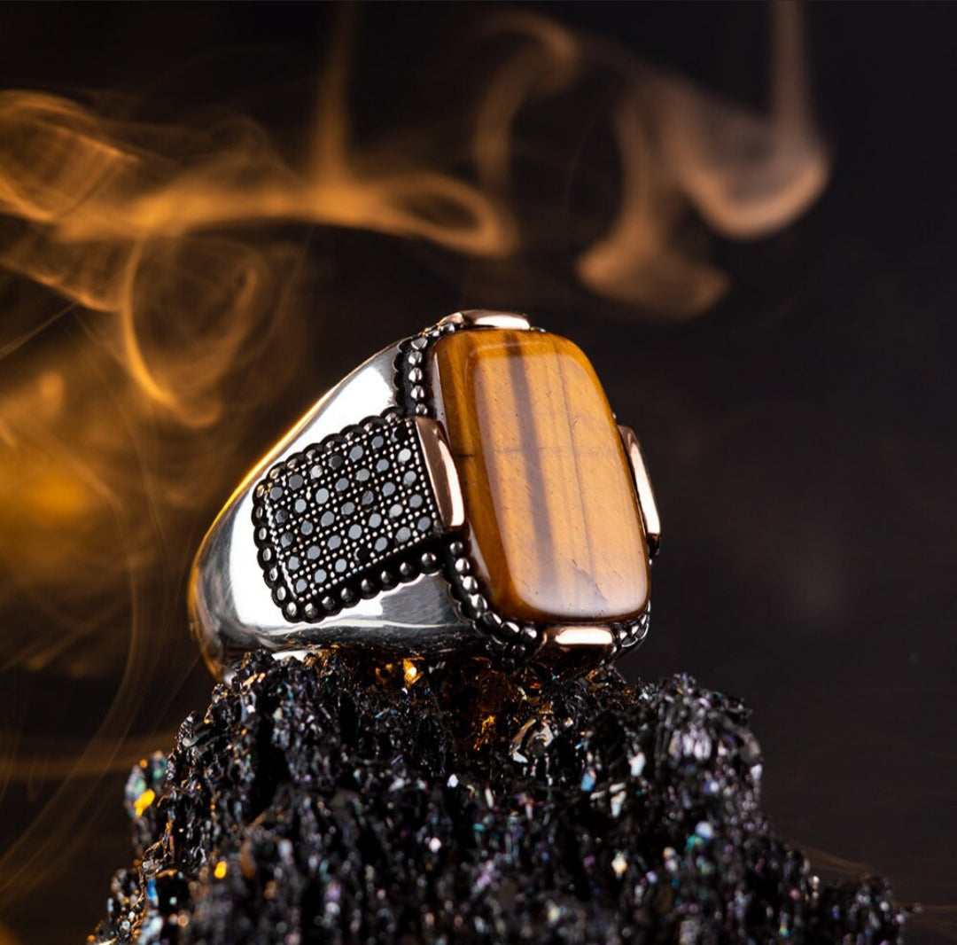 RARE PRINCE by CARAT SUTRA | Unique Designed Turkish Style Ring with Natural Tiger Eye  | 925 Sterling Silver Oxidized Ring | Men's Jewelry | With Certificate of Authenticity and 925 Hallmark - caratsutra