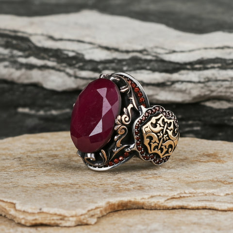 RARE PRINCE by CARAT SUTRA | Unique Designed Turkish Style Heavy Ring with Natural Red Ruby | 22kt Gold Micron Plated 925 Sterling Silver Oxidized Ring | Men's Jewelry | With Certificate of Authenticity and 925 Hallmark