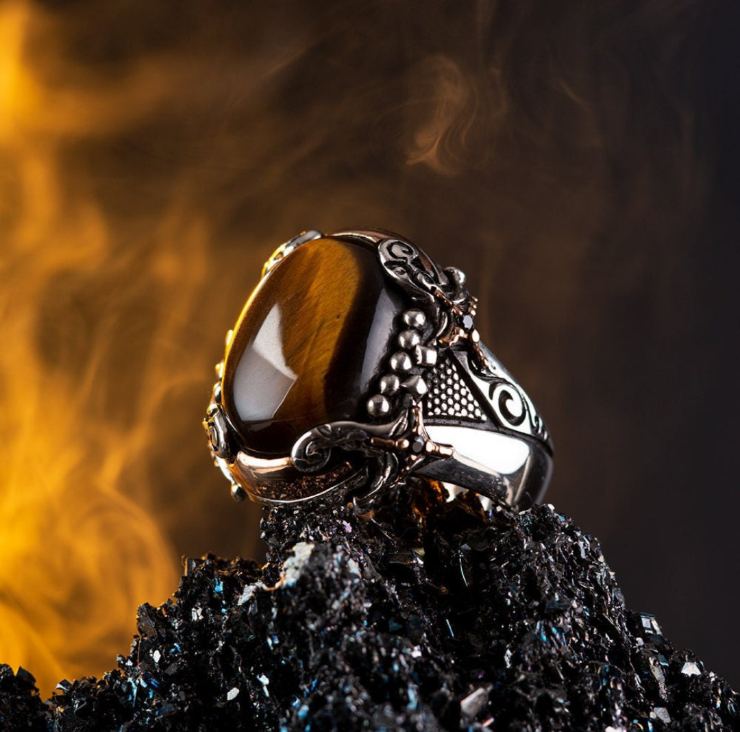 RARE PRINCE by CARAT SUTRA | Unique Designed Turkish Style Ring with Zulfiqar Sword and Natural Tiger Eye  | 925 Sterling Silver Oxidized Ring | Men's Jewelry | With Certificate of Authenticity and 925 Hallmark - caratsutra