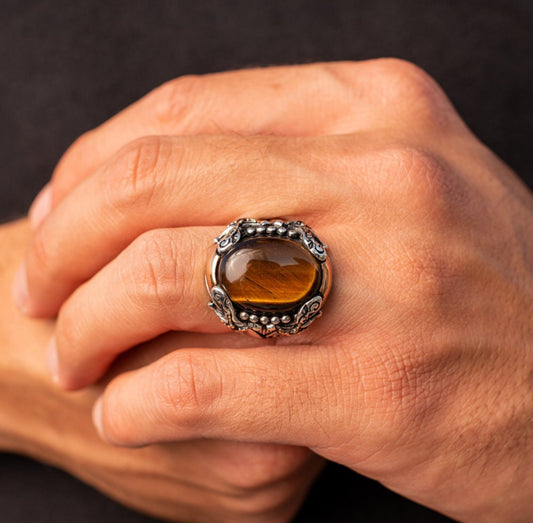 RARE PRINCE by CARAT SUTRA | Unique Designed Turkish Style Ring with Zulfiqar Sword and Natural Tiger Eye  | 925 Sterling Silver Oxidized Ring | Men's Jewelry | With Certificate of Authenticity and 925 Hallmark - caratsutra