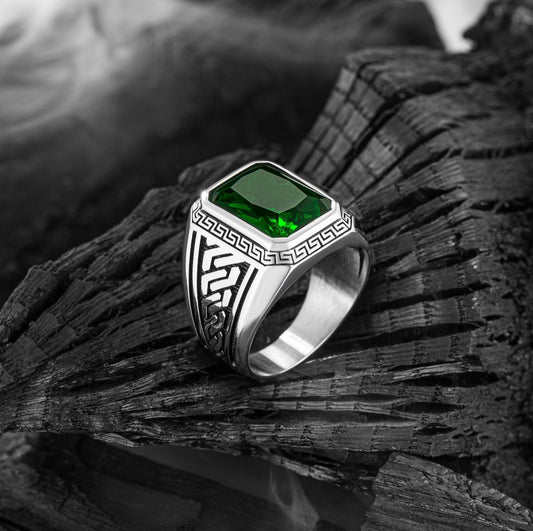 RARE PRINCE by CARAT SUTRA | Unique Versace Designed Turkish Style Ring with Green Zircon , 925 Sterling Silver Oxidized Ring | Men's Jewelry | With Certificate of Authenticity and 925 Hallmark - caratsutra