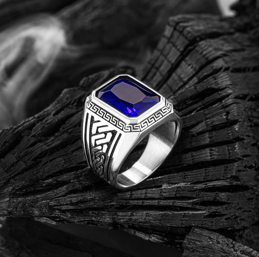 RARE PRINCE by CARAT SUTRA | Unique Versace Designed Turkish Style Ring with Blue Zircon , 925 Sterling Silver Oxidized Ring | Men's Jewelry | With Certificate of Authenticity and 925 Hallmark - caratsutra