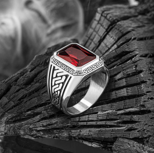 RARE PRINCE by CARAT SUTRA | Unique Versace Designed Turkish Style Ring with Red Zircon , 925 Sterling Silver Oxidized Ring | Men's Jewelry | With Certificate of Authenticity and 925 Hallmark - caratsutra
