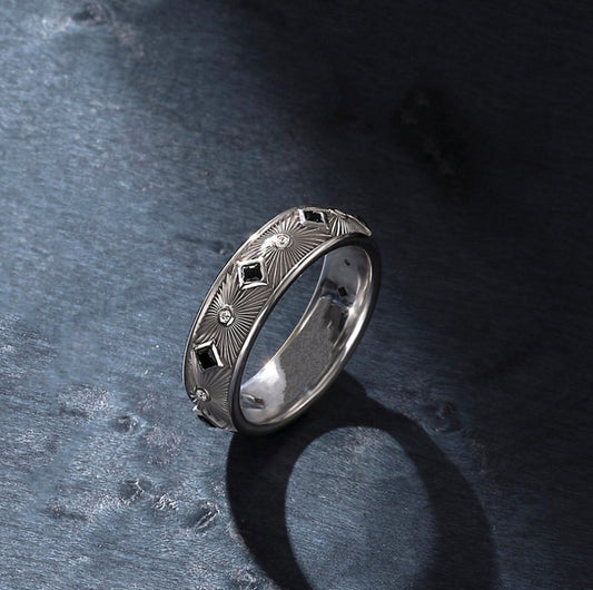 RARE PRINCE by CARAT SUTRA | Exclusive Sunbeam Band Ring for Men, Oxidized Sterling Silver 925 Ring | Jewellery for Men| With Certificate of Authenticity and 925 Hallmark - caratsutra
