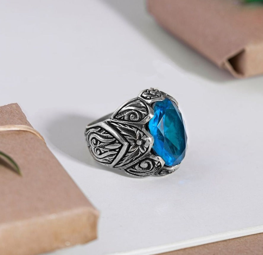 RARE PRINCE by CARAT SUTRA | Exclusively Designed Ring with Blue Topaz | 925 Sterling Silver Oxidized Ring | Men's Jewelry | With Certificate of Authenticity and 925 Hallmark - caratsutra