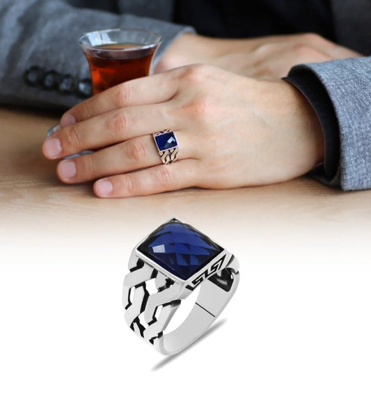 RARE PRINCE by CARAT SUTRA | Unique Turkish Gucci Style Ring with Faceted Blue S Sapphire | 925 Sterling Silver Oxidized Ring | Men's Jewelry | With Certificate of Authenticity and 925 Hallmark - caratsutra