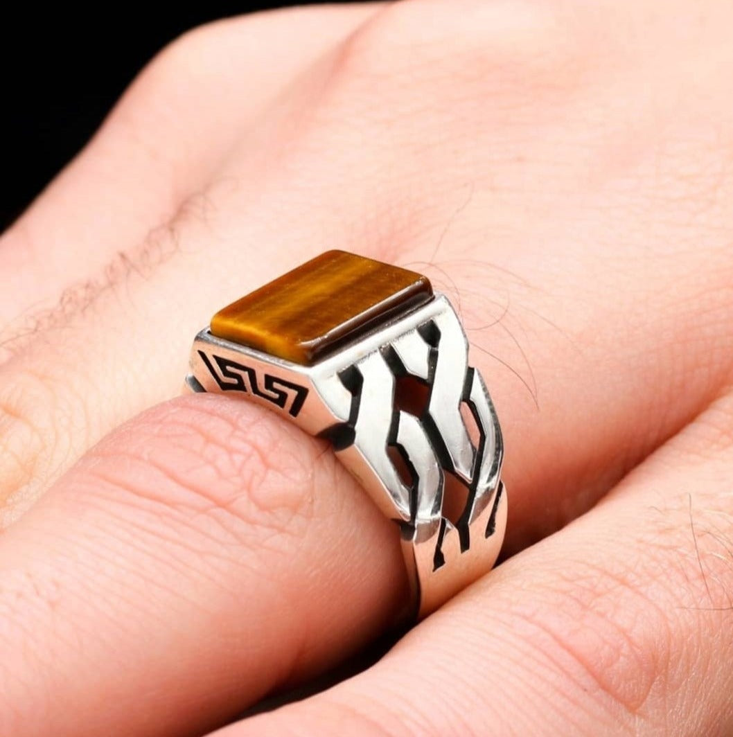 RARE PRINCE by CARAT SUTRA | Unique Turkish Gucci Style Ring with Natural Tiger Eye | 925 Sterling Silver Oxidized Ring | Men's Jewelry | With Certificate of Authenticity and 925 Hallmark - caratsutra
